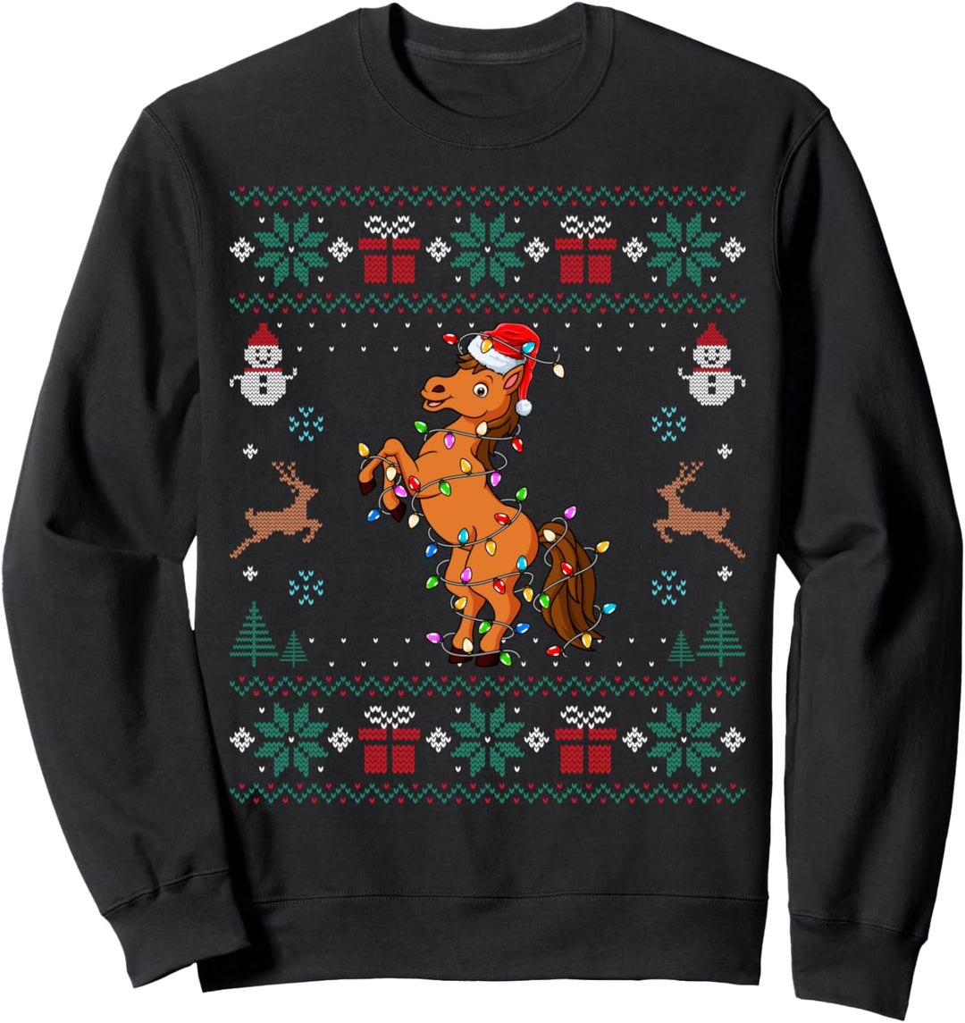 Horse Santa Hat Xmas Lights Horse Lover Christmas Ugly Sweatshirt