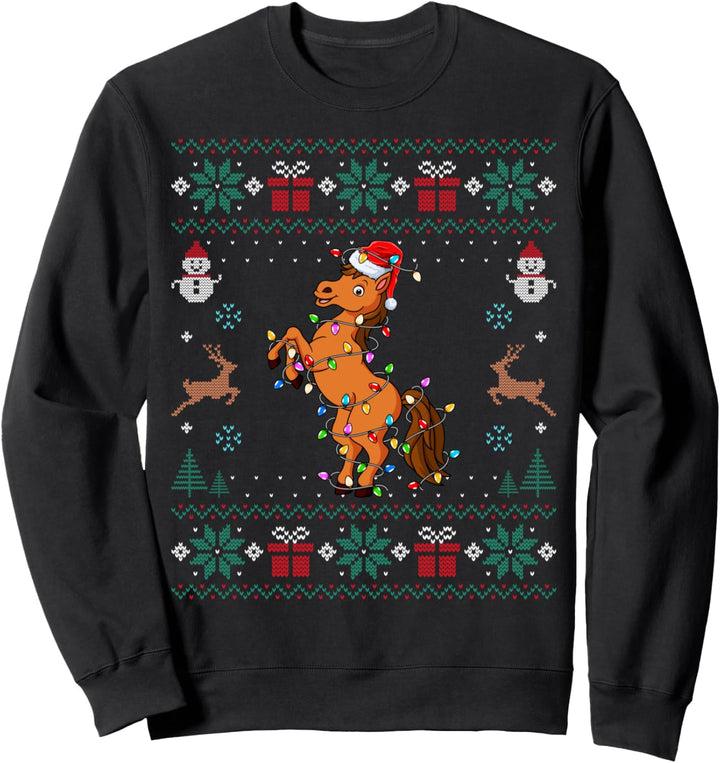 Horse Santa Hat Xmas Lights Horse Lover Christmas Ugly Sweatshirt