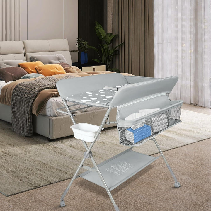 OHMG Baby Wickelkombi Klappbare Wickelkommode,Wickeltisch mit Rollen,Mobiler Wickeltisch mit Wickela