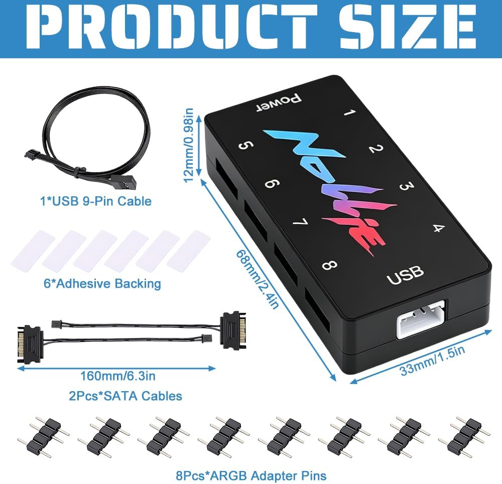 ARGB Controller, HOVCEH 5V 3PIN RGB Controller, PC Fan Hub mit 2 SATA Power 8 Port, RISC-V-Kernproze