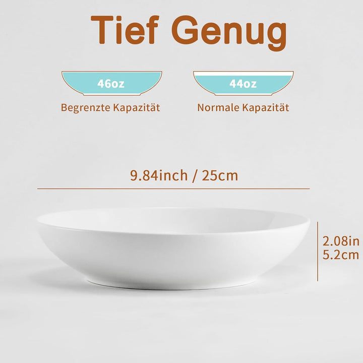 1400ml Pastateller 4er Set, Weiss Porzellan Keramik Nudelteller, 25cm, 46oz | Grosse Pastaschale für