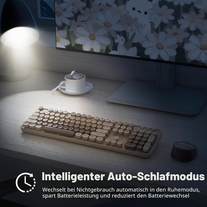 SOLIDEE kabellose Tastatur- und Maus-Kombination,Retro-Schreibmaschinen-Tastatur,2.4GHz runde Tasten