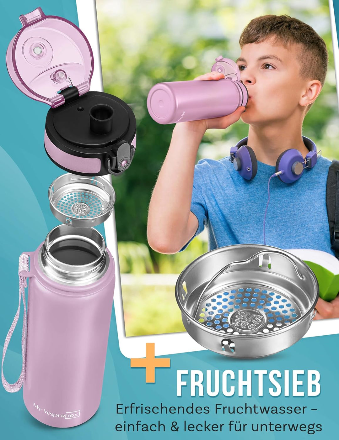 MY VESPERBOX® Edelstahl Thermosflasche Kinder [INK. STROHHALM & SIEB] - Isolierflasche für Jungen &