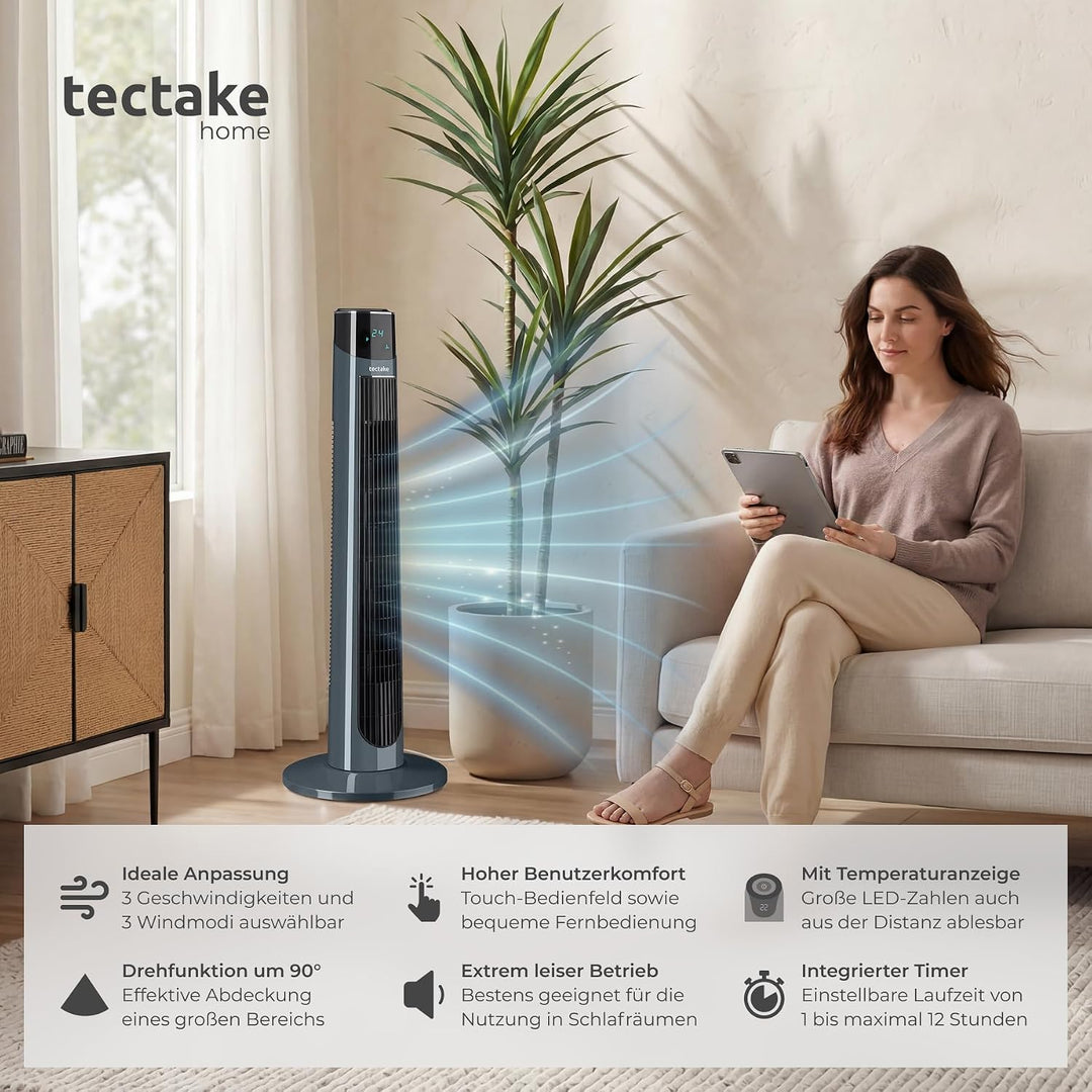 TecTake® Turmventilator, 93 cm, extrem leise, energiesparend, 90° Schwenkfunktion, 3 Modi, 3 Stufen,