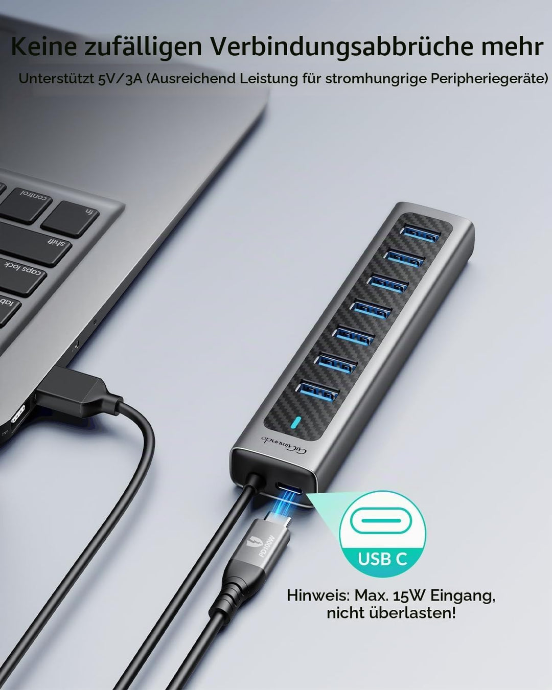 GiGimundo GM7U 7 Port USB HUB 3.0 Aluminium, 1.8M Lang Kabel mit 5V/3A Type-C Stromeingangsanschluss