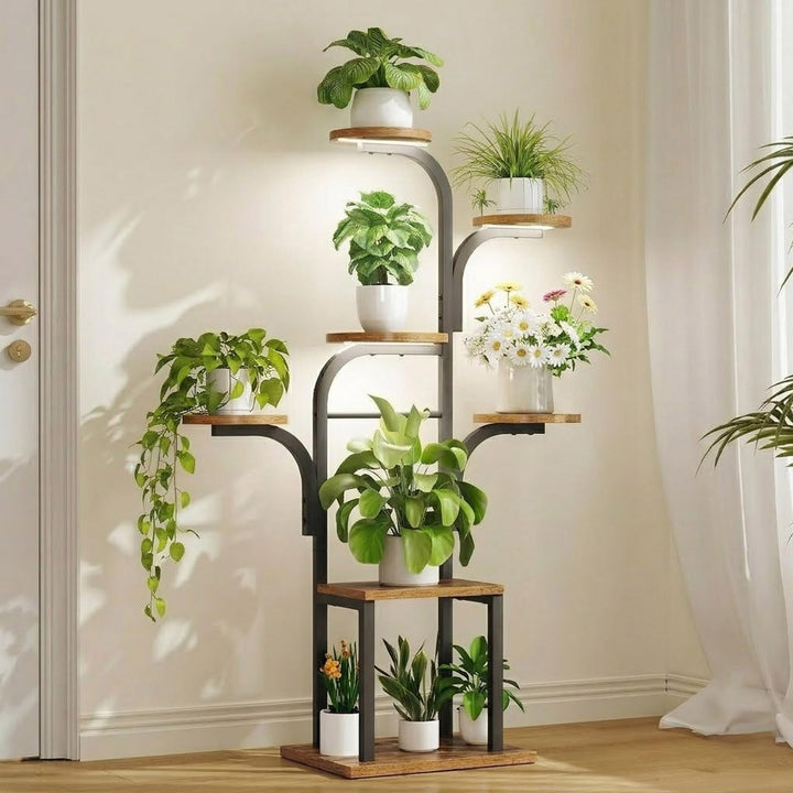 HOOBRO 7 Ebenen Pflanzenständer, Blumenständer mit Pflanzenlampeit, 120cm hoher Blumenständer, Indoo