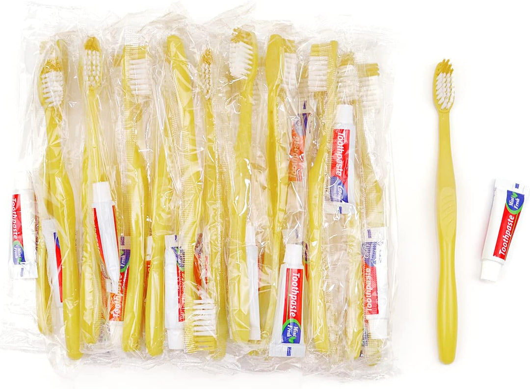 Einmal Zahnbürsten mit Zahnpasta,150 Packungen Gelb Hohl Einwegzahnbürsten mit Zahnpasta Einzeln Ver