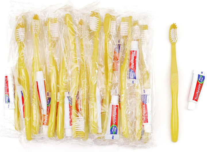 Einmal Zahnbürsten mit Zahnpasta,150 Packungen Gelb Hohl Einwegzahnbürsten mit Zahnpasta Einzeln Ver