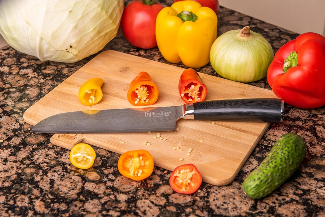 Bacher Santoku Damastmesser 18 cm - Damast Küchenmesser Geschmiedet aus 67 Legen AUS 10V - Profi Sch