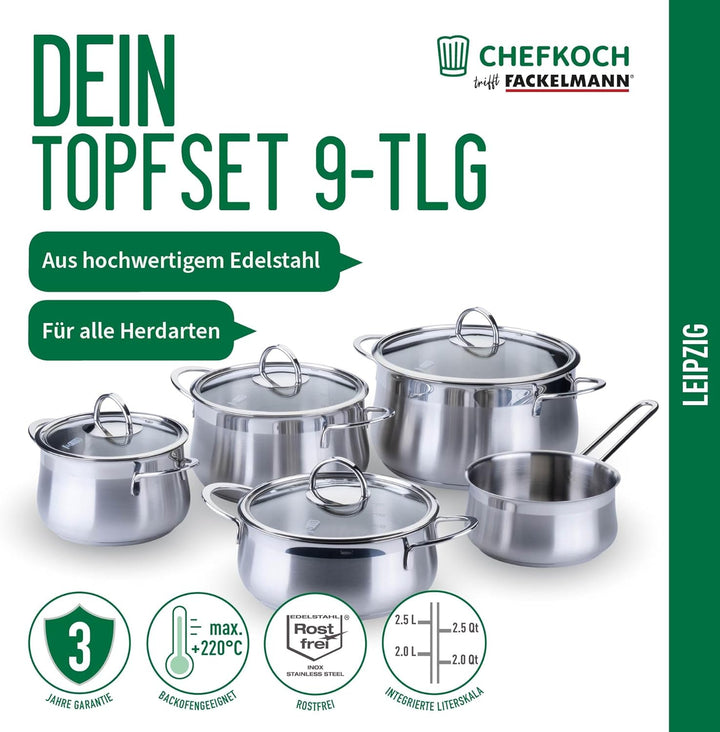Chefkoch trifft Fackelmann Topfset 9-tlg. – Hochwertiges Edelstahl Kochgeschirr mit Glasdeckeln, Ind