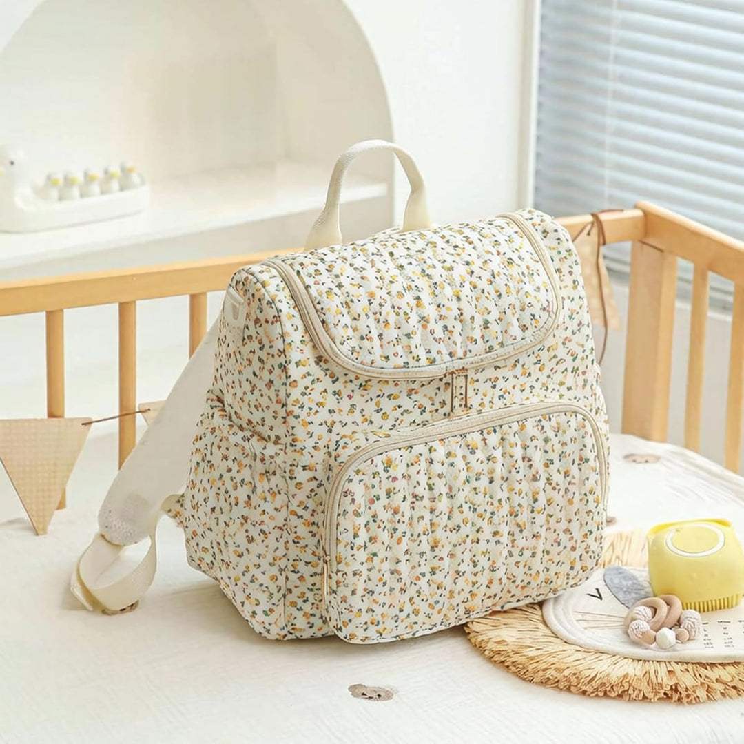 Gesteppte Wickeltasche, Wickelrucksack mit Blumenmuster, geräumiger Mama-Rucksack mit mehreren Tasch
