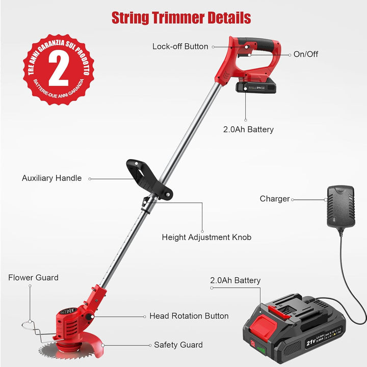 Bamse Rasentrimmer mit Akku – Akku Rasentrimmer, 11000 U/min, 2x2000mAh, Teleskopgriff 85–120cm, 2 S