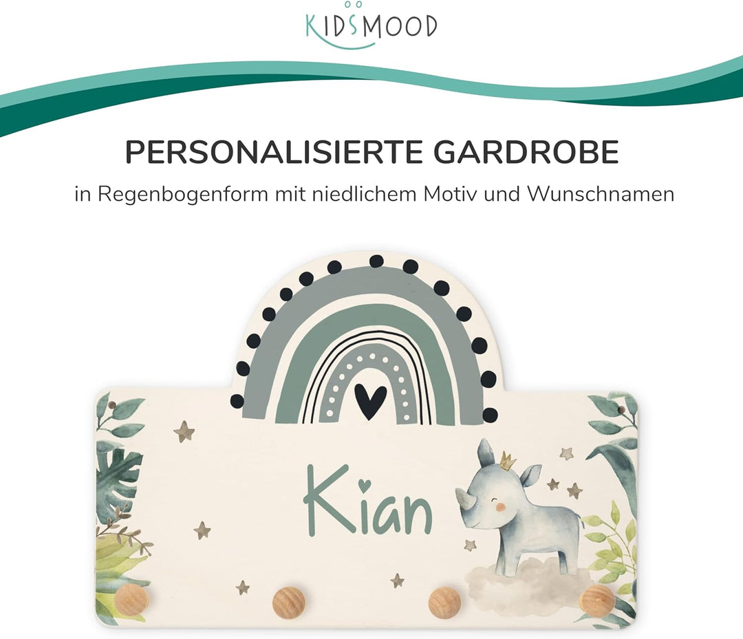 KIDSMOOD Personalisierte Wand-Garderobe mit Wunschnamen, Kleiderhaken aus Holz mit süssem Tier-Motiv
