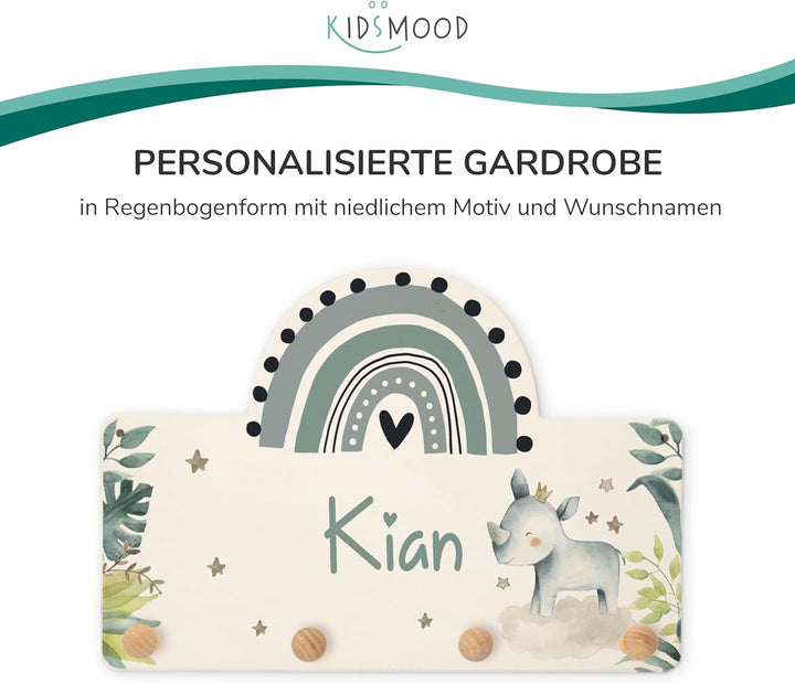 KIDSMOOD Personalisierte Wand-Garderobe mit Wunschnamen, Kleiderhaken aus Holz mit süssem Tier-Motiv