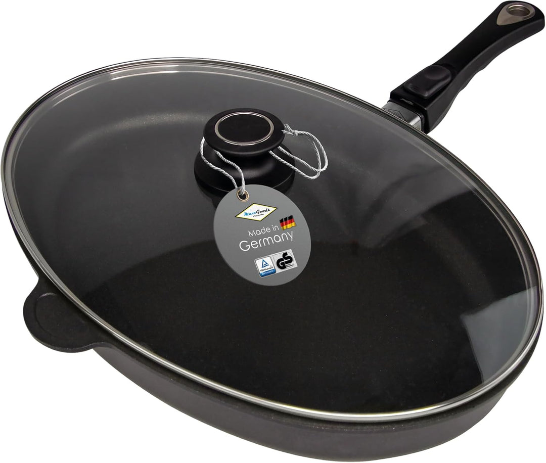 MaxxGoods Glasdeckel für Fischpfanne oval 41x27cm | Vollglasdeckel Backofenfest bis 260°C | hitzebes