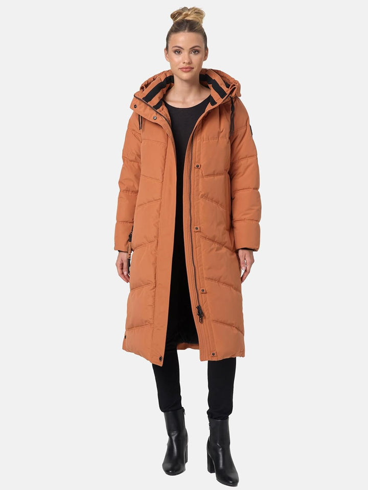 Navahoo Damen Wintermantel Warmer Steppmantel lang mit Kapuze Kuschelmausi S-XXL S Rusty Cinnamon, S