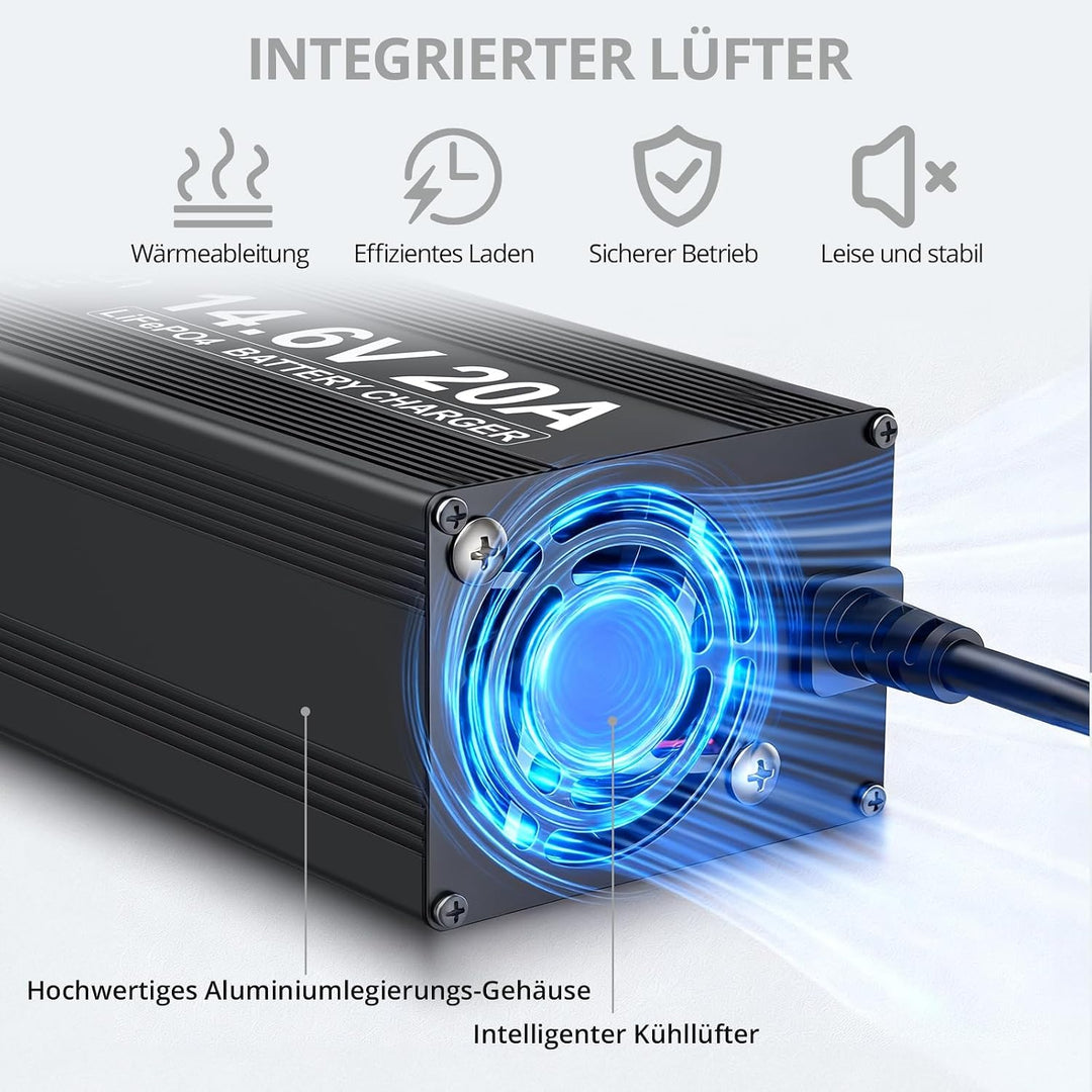 Justech 20A 14.6V Ladegerät für Lithium-Eisenphosphat (LiFePO4)-Batterien, Mit umfassendem Schutz fü