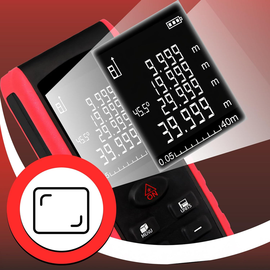 Retoo Laser-Entfernungsmesser 40M – Digitales Laser-Messgerät mit Rotem Laser Klasse II±1,5 mm Genau