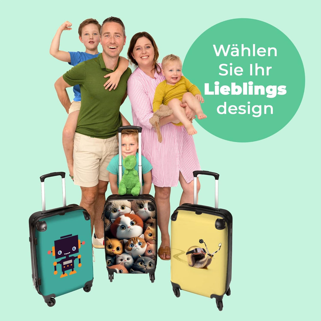 Koffer gross Trolley Rollkoffer Reisekoffer mit 4 Rollen Fotokoffer - Katze - Design - Braun - Grau
