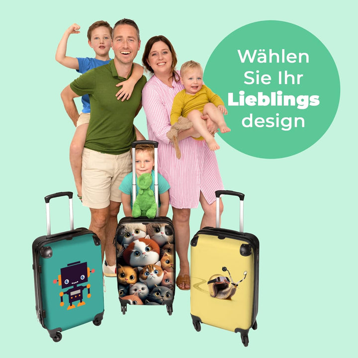 Koffer gross Trolley Rollkoffer Reisekoffer mit 4 Rollen Fotokoffer - Katze - Design - Braun - Grau