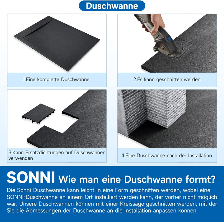 SONNI Duschwanne 140x90 cm, 32 mm Extra Flach, Schwarz, SMC, Ohne Siphon | Duschtasse, Schieferoptik