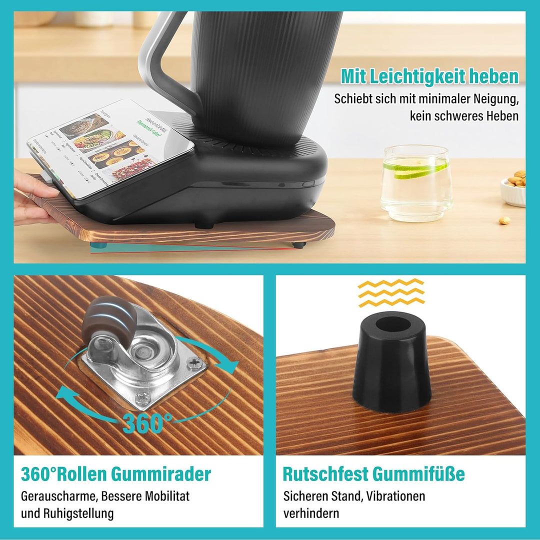 Bambus Gleitbrett für Thermomix TM7 – Mit 360° Rollen + Rutschfest Gummifüsse des Schnelles Bewegen/
