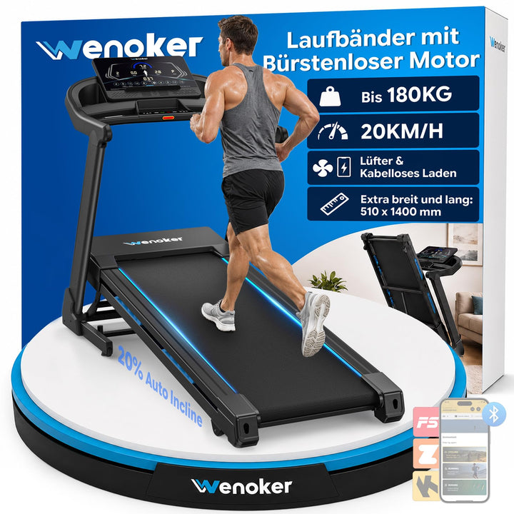 Wenoker Hochbelastbar Laufband klappbar Bürstenloser Motor 4,0-PS Blau, Blau