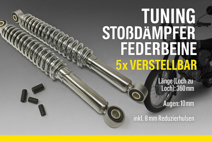 Stossdämpfer Federbein Set 360mm Chrom Simson S50 S51 S63 S70 S83