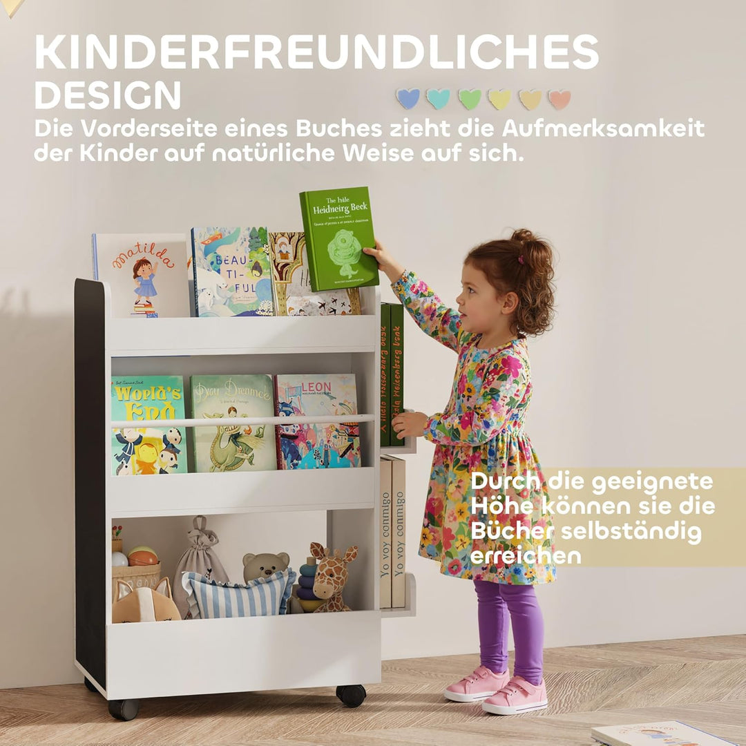 AIYAPLAY Kinder Bücherregal, Kinderregal mit 4 Regalen Bodenfach 2 Seitenteile, doppelseitiges Kinde