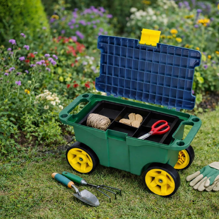 HMF 2-in-1 Gartenwagen mit Sitz und Stauraum, Gartenhocker mit grossen Rollen, Rollsitz für Gartenar