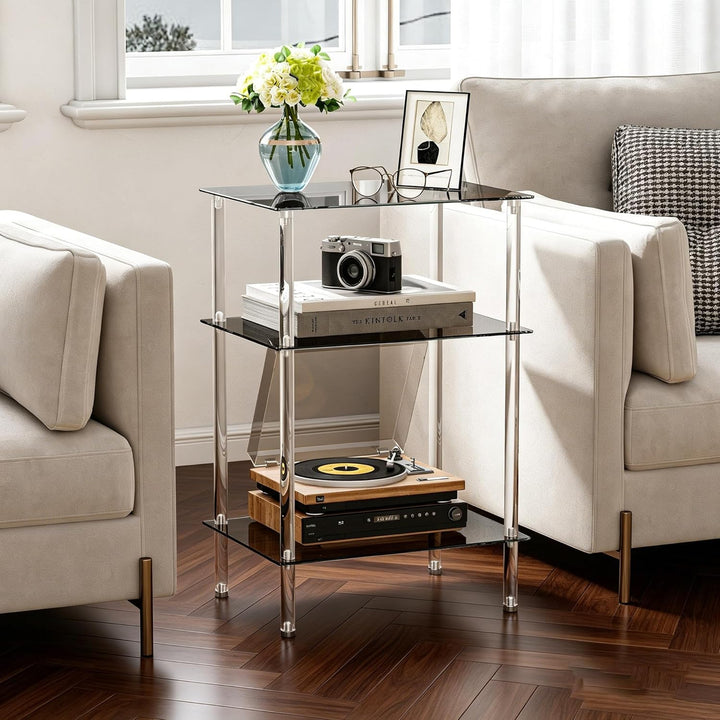 Moderner Beistelltisch Glas Eckig Transparenter Tisch mit 3 Ablagen Nachttisch Glastisch Side Table
