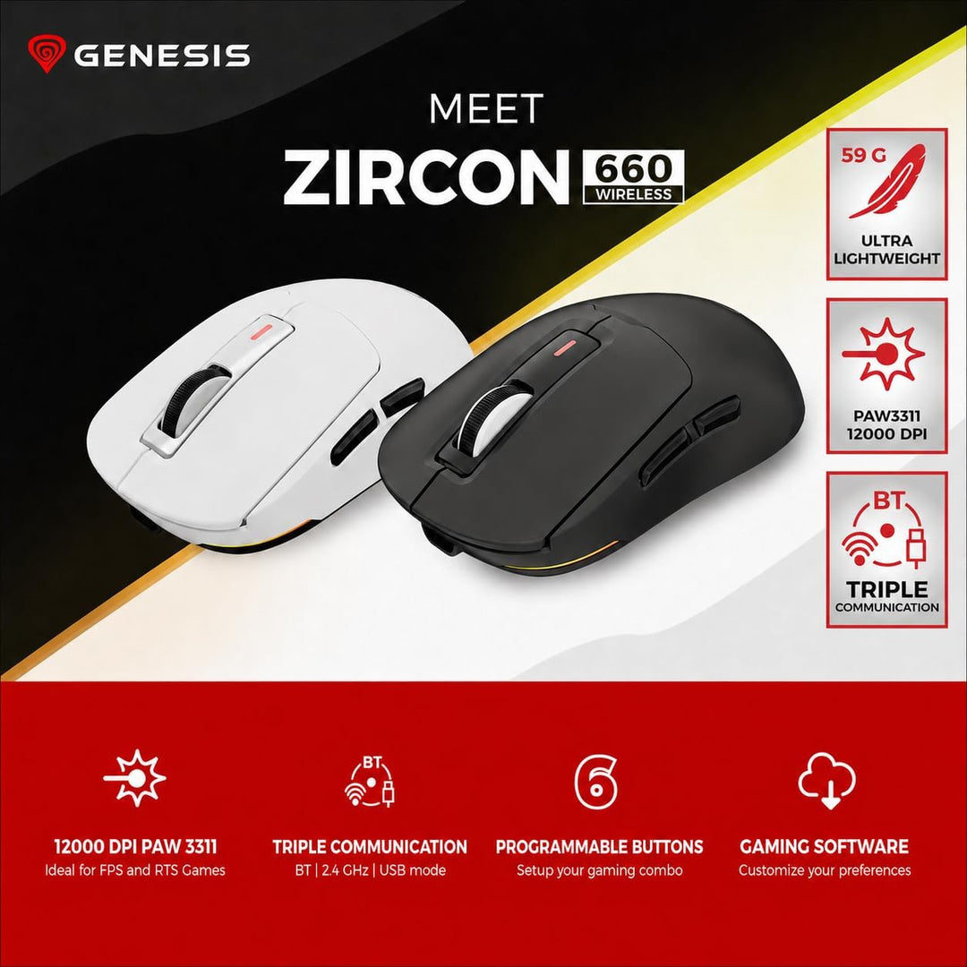 Genesis Zircon 660 Wireless Gaming Maus, 12000 DPI, Triple Mode, Schwarz, Schwarz