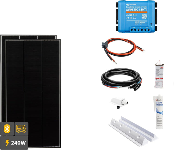 SOLA Frame Black Wohnmobil Komplettset mit Haltespoiler und Laderegler 240 W weiss Weiss 240 W, Wei&