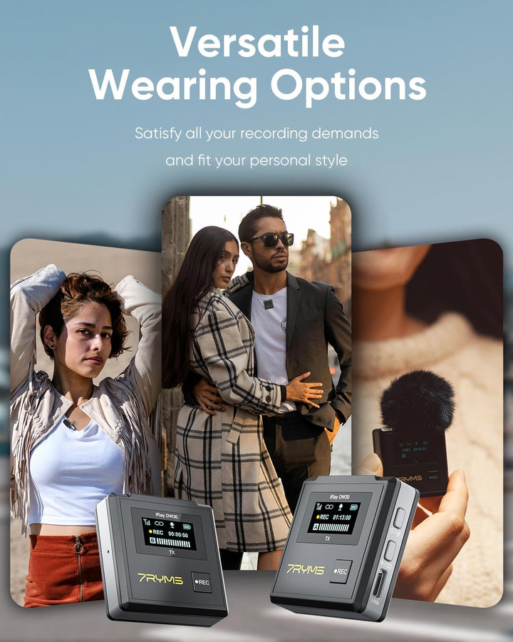 7RYMS iRAY DW30 Lavalier Mikrofon Wireless für Kamera, iPhone, Android, PC, 16G Speicher, 48kHz/16 b