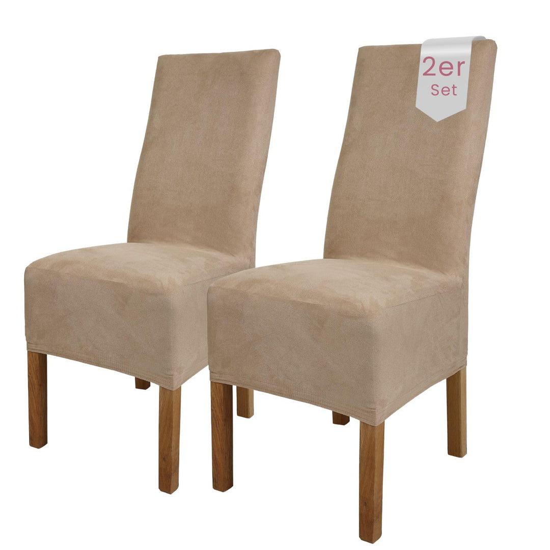 SCHEFFLER-Home Stuhlhussen 2er Set Leon Taupe/elastische Wildleder Hussen für Stühle/Robustes Freisc