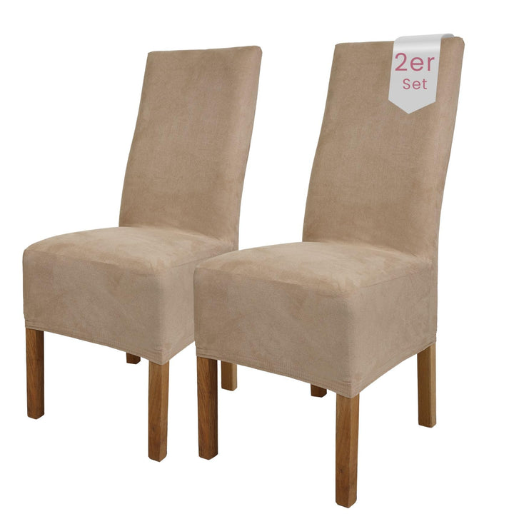 SCHEFFLER-Home Stuhlhussen 2er Set Leon Taupe/elastische Wildleder Hussen für Stühle/Robustes Freisc