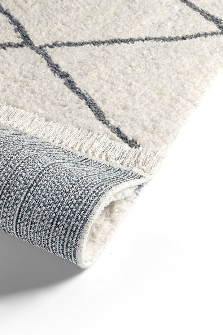 Rund Wohnzimmer Hochflor Teppich Ø120 cm Silber Diamantmuster, Super Soft Moderner Shaggy Teppich 12