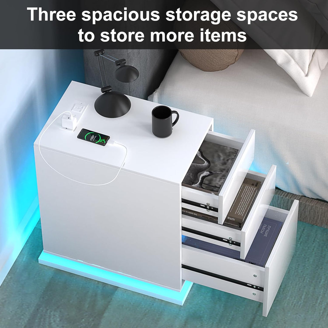 Nachttisch Schmal mit Led, Schmaler Kleiner Nachtschrank mit Steckdose und 3 Schubladen, Nachtkästch