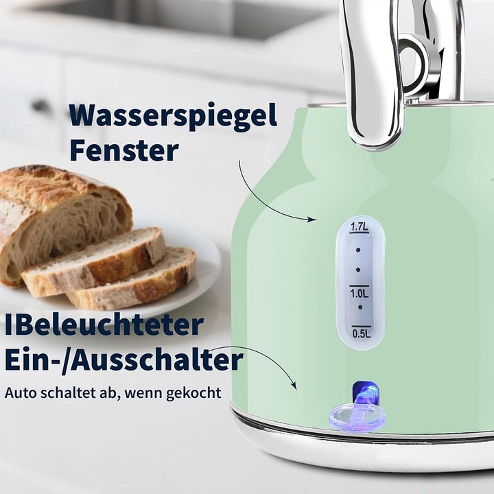 Huogary Wasserkocher - 1,7 L Edelstahl Wasserkocher mit Warmfunktion, 2000W Schnellkocher mit LED-An