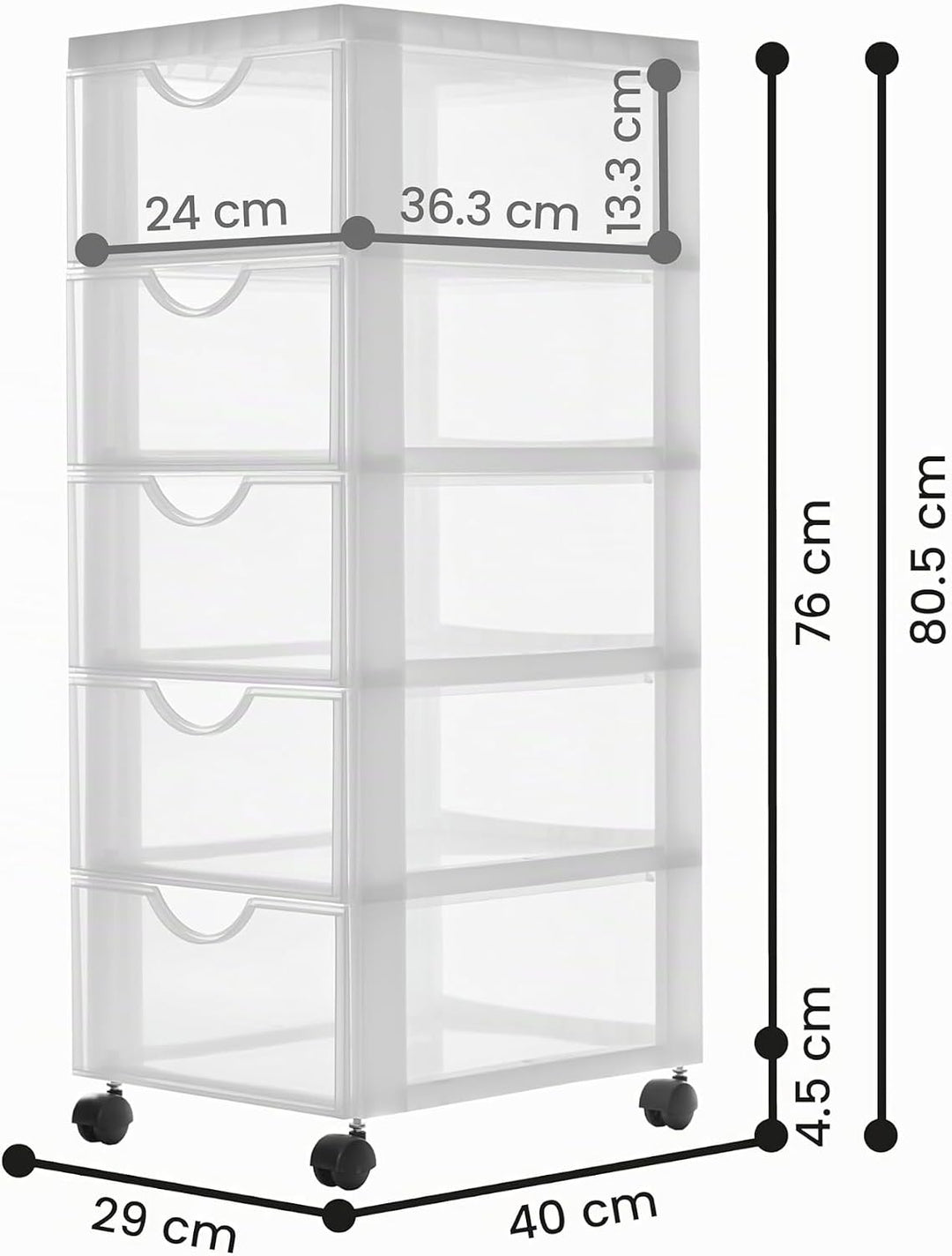 Iris Ohyama Kunststoff-Schubladenbox mit Rollen, 5 tiefen Schubladen, Mattweiss, Griffe zum Ziehen,