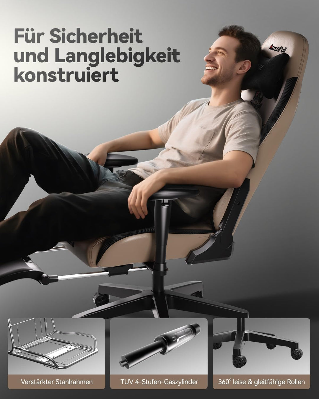 AutoFull Gaming-Stuhl Bürostuhl Schreibtischstuhl mit ergonomischer Lordosenstütze, PU-Leder im Raci