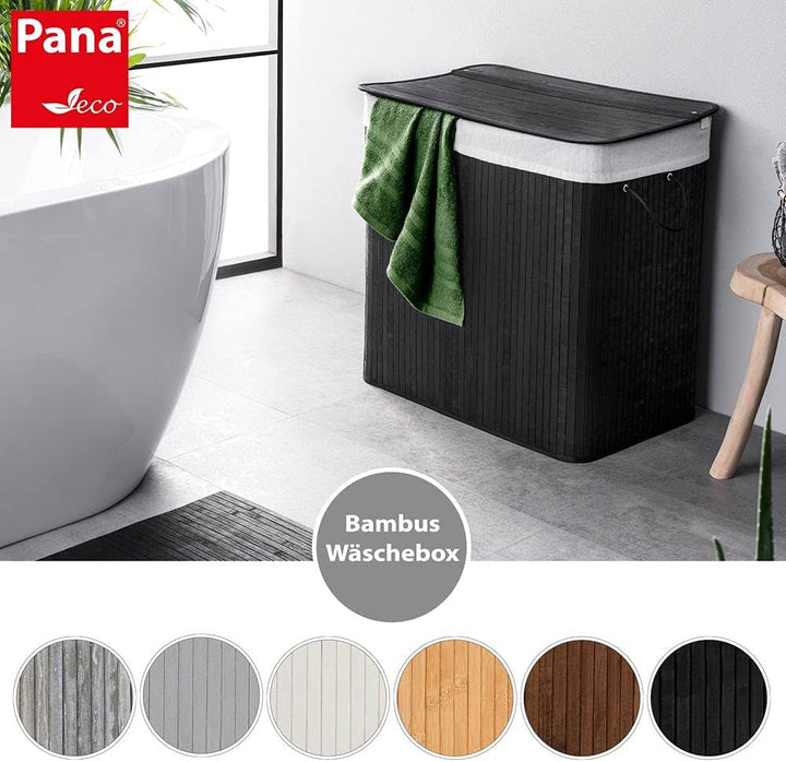 PANA®ECO Bambus Wäschekorb mit Deckel - 72 L, 40x30x60 cm - Farbe: Schwarz | Herausnehmbarer Wäsches
