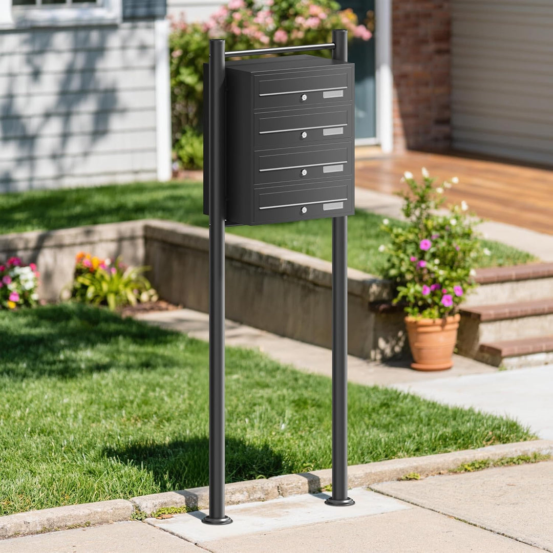 Wiltec 4er Briefkastenanlage schwarz 270 x 513 x 1500 mm, Standbriefkasten mit 4 Fächern, Schlüssel