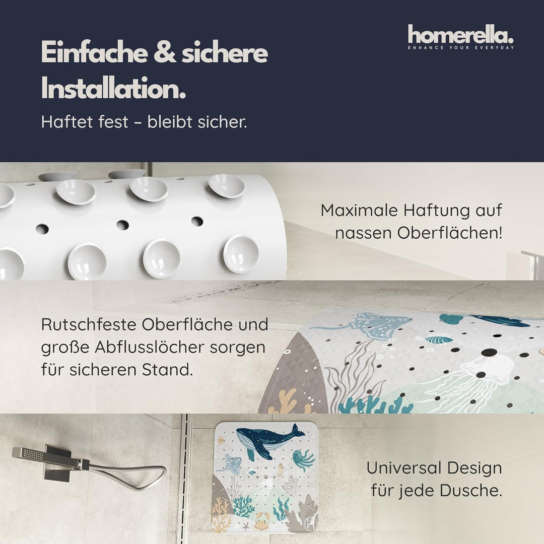Homerella® Duschmatte rutschfest Kinder - 100% BPA frei Inkl. 2 Haken zum Aufhängen 53x53cm - Antiru