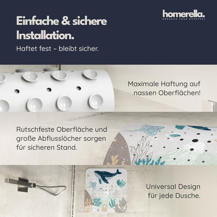 Homerella® Duschmatte rutschfest Kinder - 100% BPA frei Inkl. 2 Haken zum Aufhängen 53x53cm - Antiru