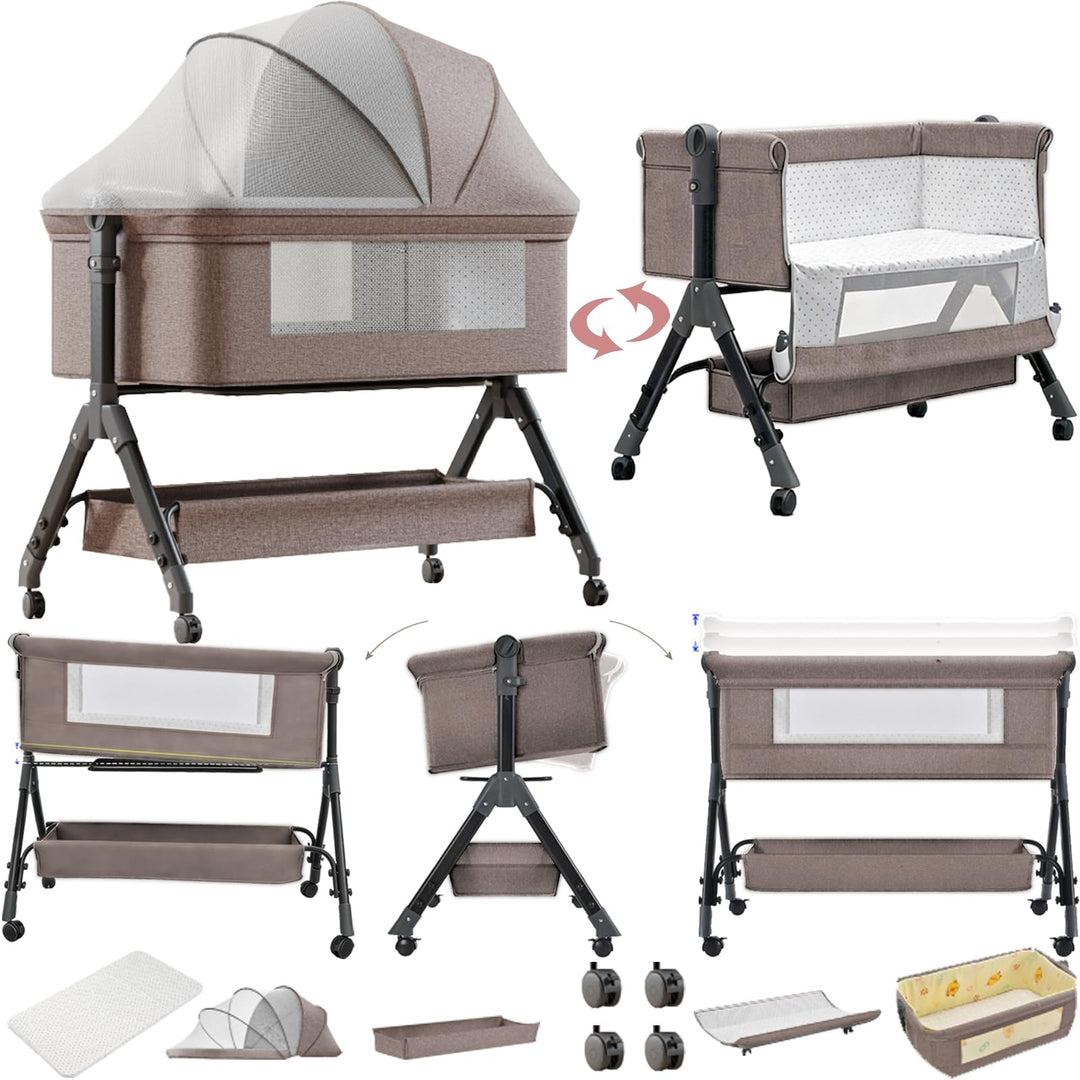 Beistellbett Baby mit Wickeltisch, Klappbares Babybett, Multifunktional Stubenwagen Baby, 3-Fach Höh