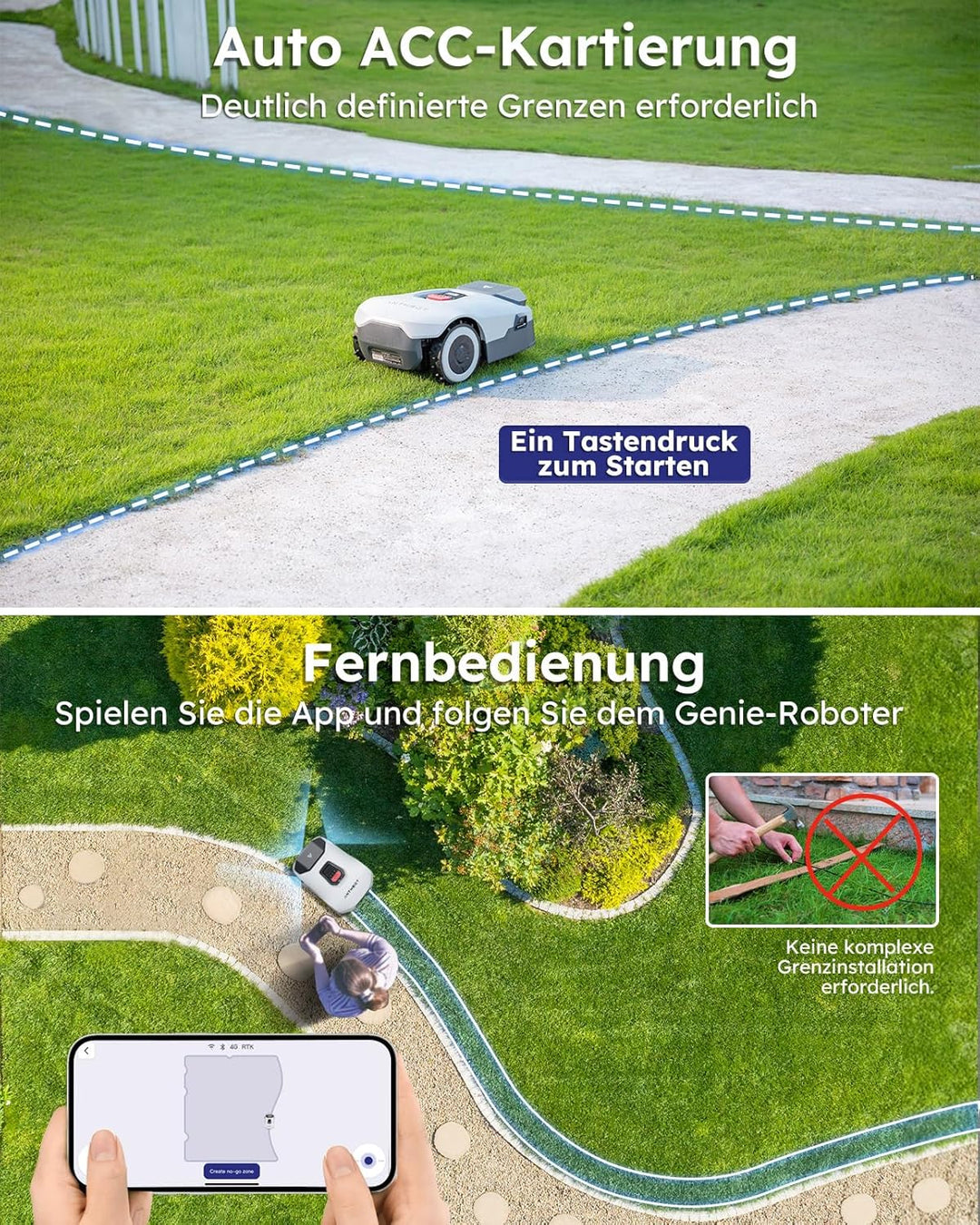 ANTHBOT KI Drahtloser Mähroboter ohne Begrenzungskabel Max. 900m², Full Frequenzband RTK+4-Kamera-Vi