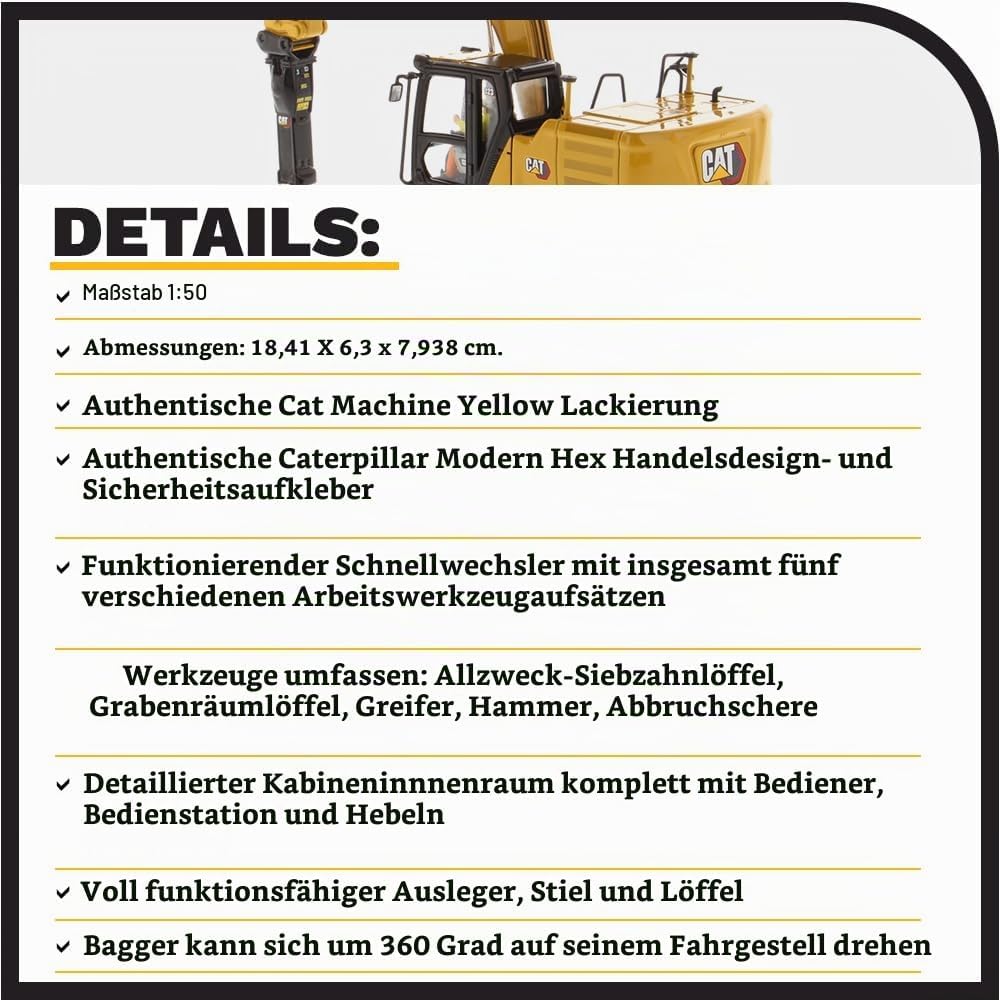 Diecast Masters 85657 - Caterpillar Bagger mit 4 Werkzeugen 323 HEX, Massstab 1:50, ca. 9,5 x 3,4 x
