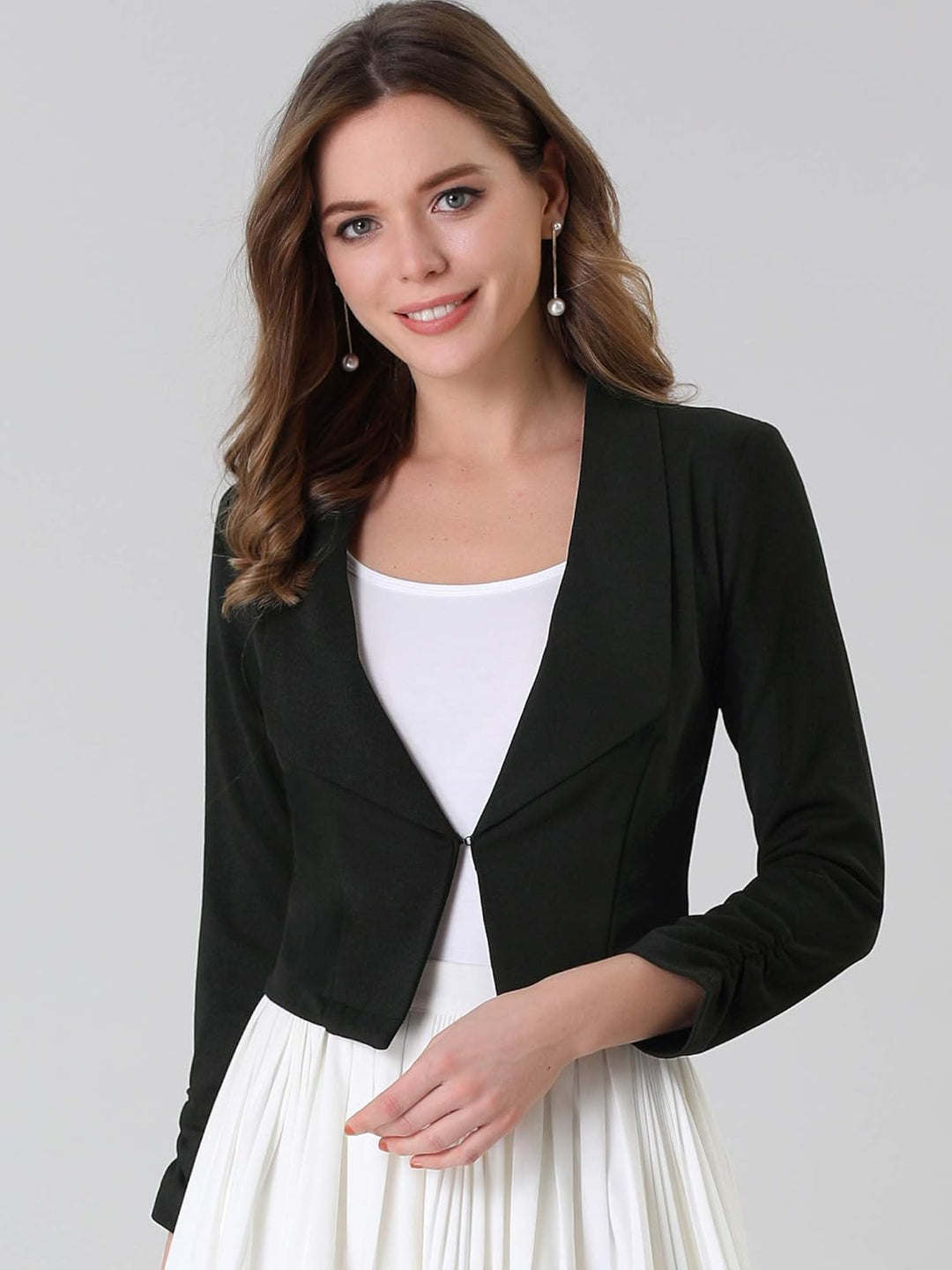 Allegra K Damen Langarm Umlegekragen Geraffte Ärmel Blazer Offen Crop Jacke XS Schwarz, XS Schwarz