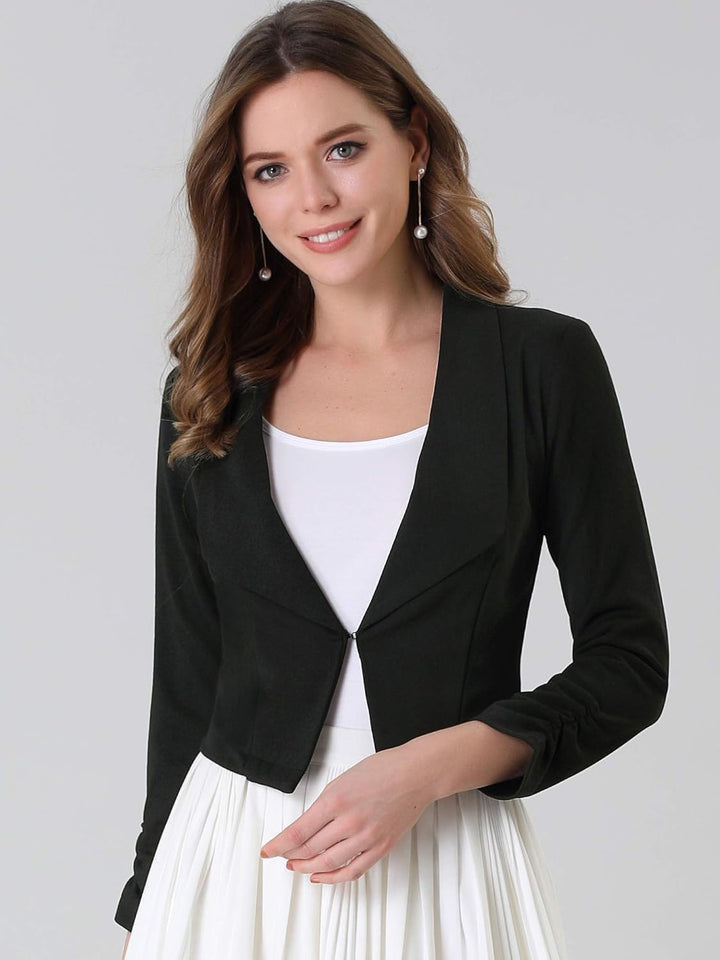 Allegra K Damen Langarm Umlegekragen Geraffte Ärmel Blazer Offen Crop Jacke XS Schwarz, XS Schwarz